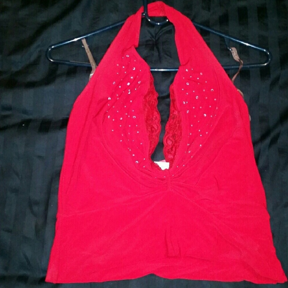 Halter top bling red silk sexy rave festival lace